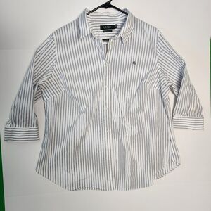 Lauren Ralph Lauren Button-Down 3/4 Slve Women's Size 2X White Blk Blue Striped